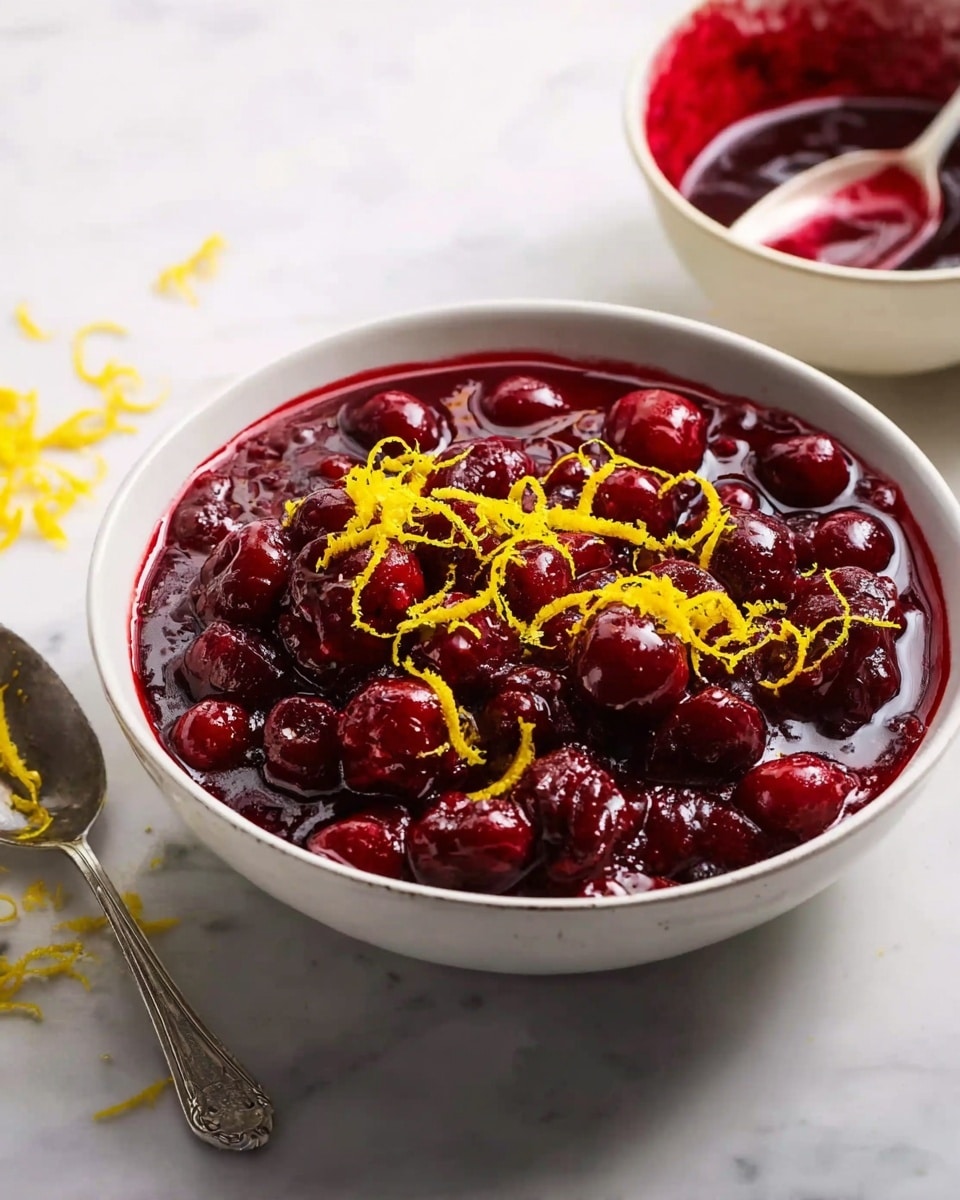 A white bowl filled with bright red cranberry sauce topped with thin yellow lemon peel curls scattered on top, showing a glossy, chunky texture from whole cranberries mixed within the thick sauce, with a silver spoon resting inside the bowl on the left side, all placed on a white marbled surface with a few lemon peel curls nearby, photo taken with an iphone --ar 4:5 --v 7