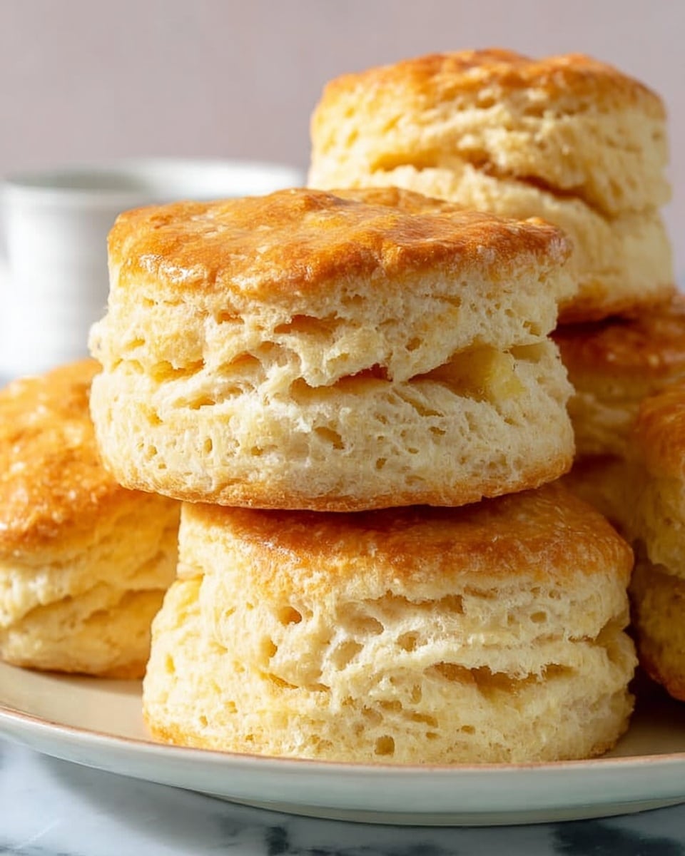 A stack of seven golden brown biscuits is shown on a white plate. Each biscuit has two distinct layers: a light, fluffy inner layer with a soft, airy texture and a shiny, smooth top crust with a slightly darker golden color. The biscuits are irregularly stacked, with some overlapping and touching sides. The plate is on a white marbled surface, and in the background, there is a clear glass butter dish containing a block of pale yellow butter. photo taken with an iphone --ar 4:5 --v 7