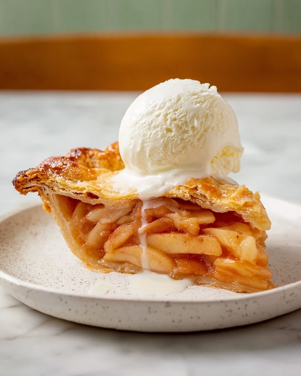 A slice of apple pie with a golden brown crust sits on a white speckled plate, layered with soft, thinly sliced apple pieces that have a warm amber color and some light syrupy shine. On top of the pie slice is a smooth, round scoop of white ice cream slightly melting and dripping down the edges. The background is blurred with soft colors, and the surface beneath the plate is a white marbled texture. photo taken with an iphone --ar 4:5 --v 7