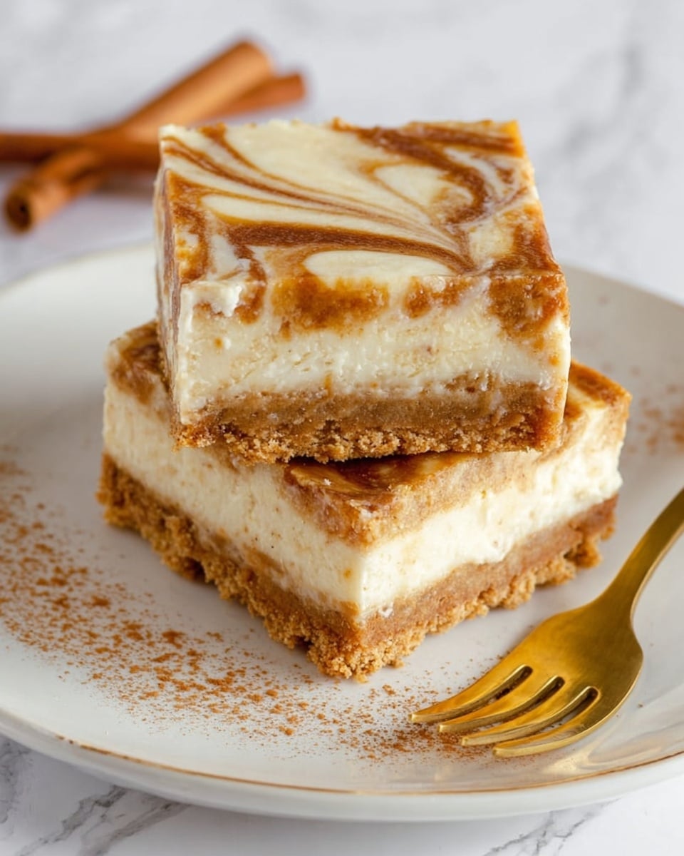 Two square pieces of layered dessert are stacked on a white plate with a gold rim, placed on a white marbled surface. The bottom layer is a crumbly, light brown crust, topped by a thicker, smooth creamy white layer. Above that is a thick, light brown layer with a slightly grainy texture. The top layer is creamy white mixed with swirls of light brown, forming a marbled pattern. There are some crumbs scattered on the plate next to a gold fork, with a cinnamon stick lying diagonally nearby. Photo taken with an iphone --ar 4:5 --v 7
