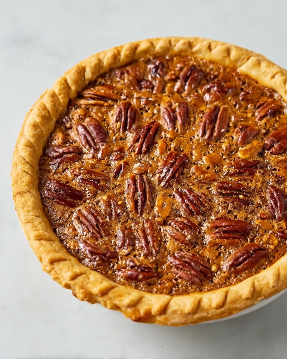 A round pecan pie with one visible layer placed on a white marbled surface. The pie crust is golden and has a wavy edge that goes all around. The filling is brown with a rough texture and is packed with whole, shiny pecans that cover the entire top evenly. The pie looks baked with a slightly cracked surface showing the rich texture inside. The light shines softly, highlighting the different shades of brown on the pecans and crust. photo taken with an iphone --ar 4:5 --v 7