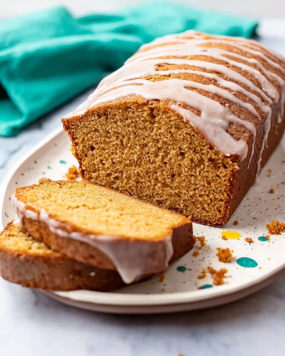 A loaf of brown cake with a rough, slightly cracked top covered in a thin layer of white glaze that drips down the sides. The cake is cut into thick slices, showing a moist, crumbly, golden-brown interior. The cake sits on a white rectangular plate with scattered small blue and yellow spots on it, placed on a wooden surface with a light blue cloth in the background. There are some cake crumbs around the slices. photo taken with an iphone --ar 4:5 --v 7