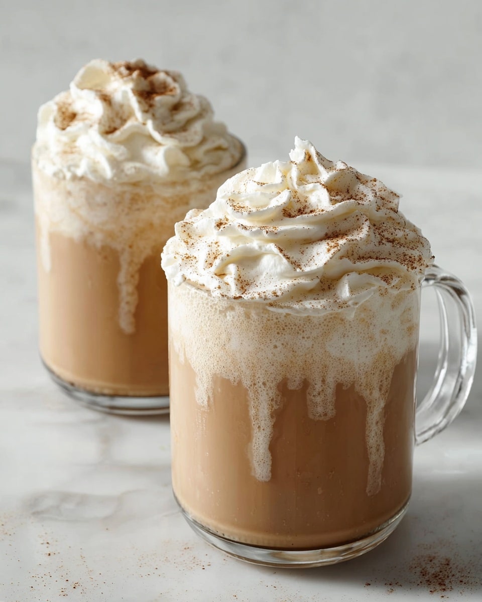 Two clear glass mugs filled with a light brown creamy drink, topped with a thick swirl of white whipped cream sprinkled with fine brown cinnamon powder. The drink reaches near the rim, with some creamy drips running down the sides of the mugs. Both mugs have handles on the right, placed on a white marbled surface with soft natural lighting. Photo taken with an iphone --ar 4:5 --v 7