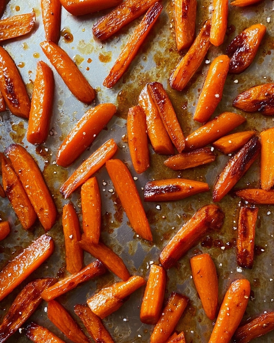 The image shows many roasted carrot pieces on a baking tray. Each carrot piece is cut into medium-length sticks, some with browned and shiny caramelized edges, giving a rich orange and deep brown color mix. The tray's surface is metal with some roasted oil spots and light smudges, adding texture and a cooked look. The carrots are spread out, filling the tray evenly with a glistening finish. photo taken with an iphone --ar 4:5 --v 7