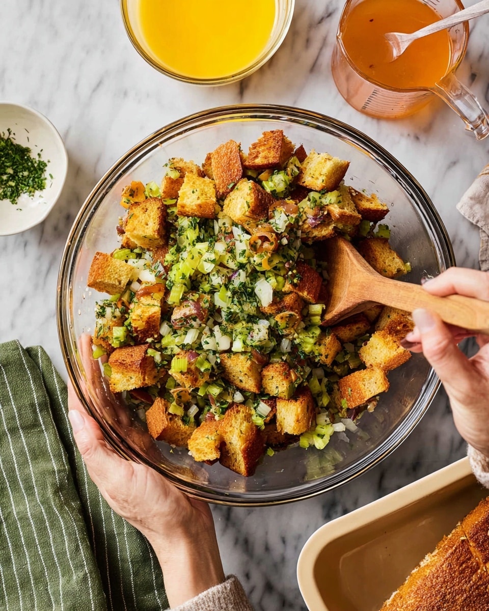 A clear glass bowl filled with large golden brown toasted cubes, mixed with chopped light green celery, translucent diced onions, and sprinkled dark green finely chopped herbs, all layered evenly. A wooden spoon stirs the mixture, held by a woman's hand, while another woman's hand steadies the bowl from the side. The bowl sits on a white marbled surface, next to a green-striped cloth and a small bowl of bright yellow beaten eggs. There is also a clear measuring cup with an orange liquid and a beige baking dish nearby. Photo taken with an iphone --ar 4:5 --v 7