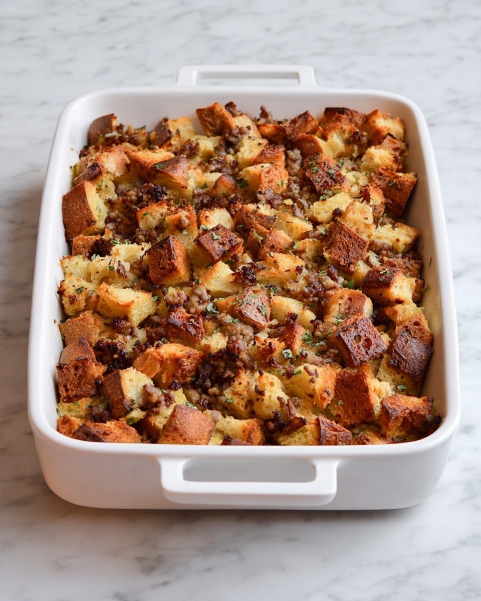 A white rectangular baking dish with handles contains a baked stuffing dish. The stuffing is made of chunky bread pieces, toasted to a mix of golden brown and darker brown colors. The texture looks crispy on top with softer, moist bits inside. There are visible small pieces of herbs and bits of browned sausage mixed evenly throughout the bread. The dish is placed on a white marbled surface. Photo taken with an iphone --ar 4:5 --v 7