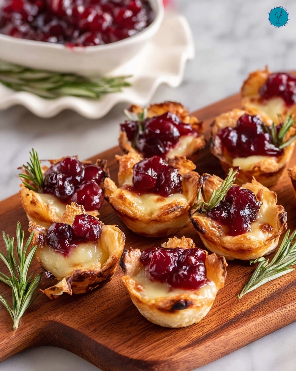 The image shows a close-up of several small, golden-brown pastry cups filled with melted cheese and topped with a bright red cranberry sauce, arranged on a wooden board. Each pastry cup has a crispy, slightly uneven texture with the cheese oozing out around the edges beneath the glossy cranberry topping. Some cups have a small sprig of fresh green rosemary placed on top. In the background, there is a white bowl filled with more cranberry sauce and a white, raised serving plate holding additional pastry cups. Fresh rosemary sprigs lay across the wooden surface near the pastries. The entire scene is set on a white marbled texture. photo taken with an iphone --ar 4:5 --v 7