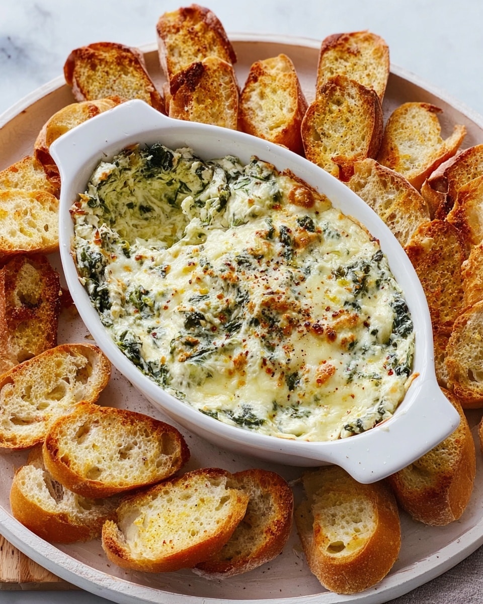 The image shows a white oval ceramic dish filled with a creamy spinach and cheese dip topped with melted, slightly browned cheese. The dip has a mix of white and green textures from the creamy cheese and cooked spinach. The dish is placed on a round white tray with a raised edge and a white marbled surface underneath. Around the dish are many toasted, golden-brown baguette slices with a crunchy texture and visible seasoning. photo taken with an iphone --ar 4:5 --v 7