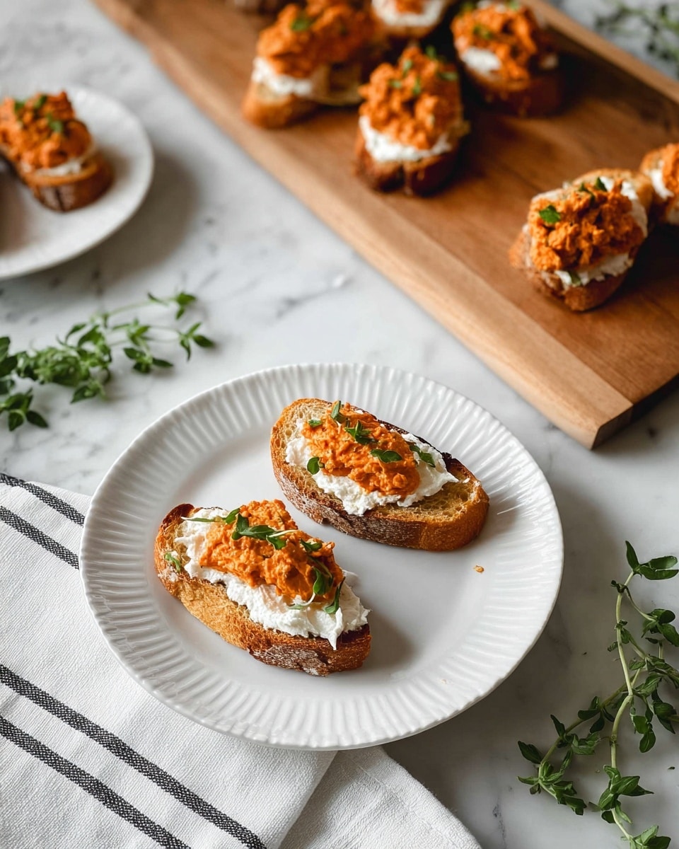 The image shows several pieces of toasted bread topped with two visible layers: a thick white creamy spread and an orange chunky mixture with small green herb leaves scattered on top. There are two of these pieces placed on a white plate with raised ridged edges, and more pieces are arranged on a wooden board in the background. The surface beneath the plate and board is a white marbled texture with fresh green herb sprigs placed nearby, along with a white cloth with black stripes on one side. Photo taken with an iphone --ar 4:5 --v 7