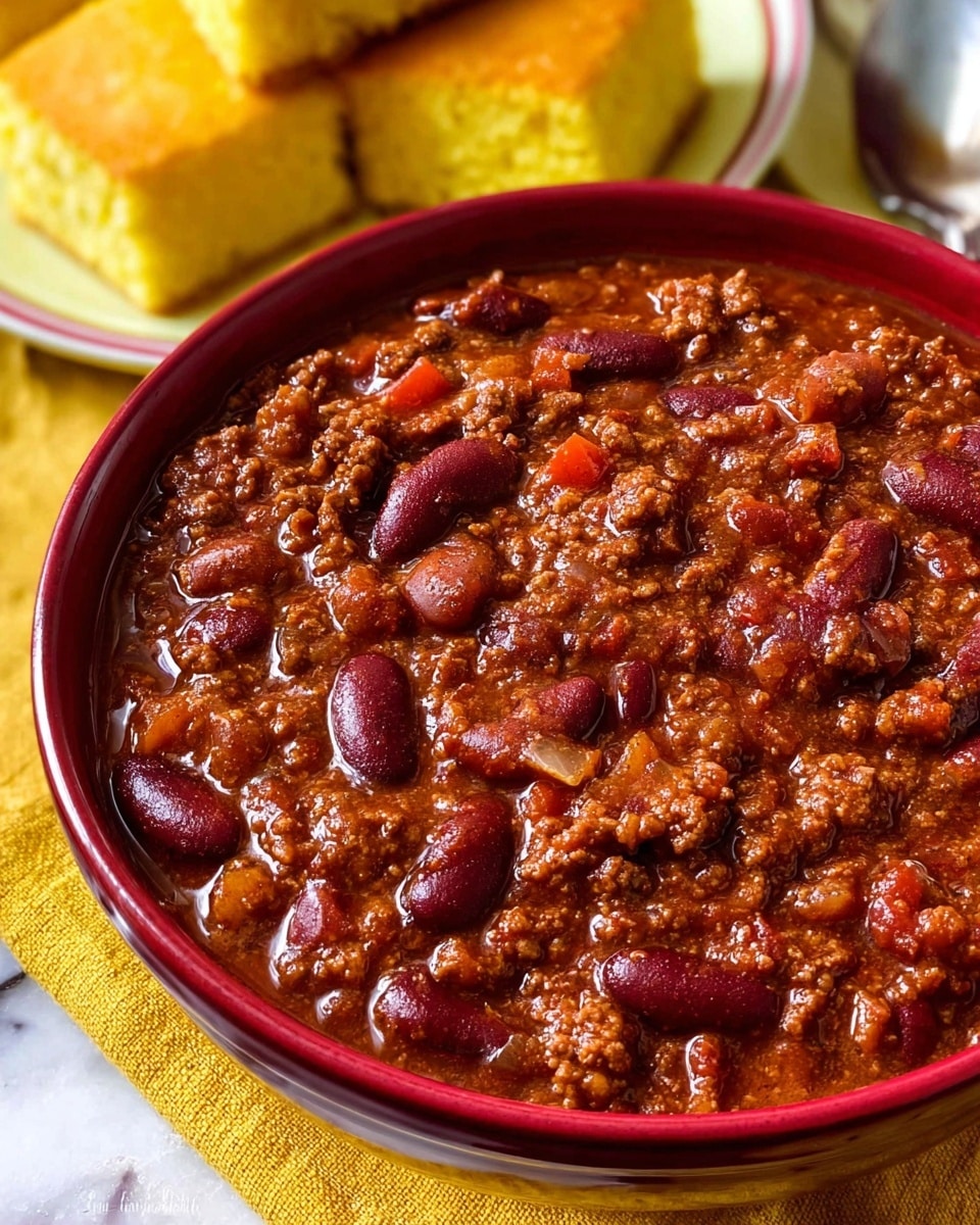 A close-up image of a bowl filled with thick chili, showing several layers of reddish-brown kidney beans and small bits of cooked meat mixed with a rich, tomato-based sauce. The chili has a textured and slightly chunky appearance with visible pieces of tomato and onion. The bowl is white and sits on a white marbled surface. Behind the bowl, there are two pieces of yellow cornbread stacked on top of each other, adding a soft and crumbly texture contrast to the scene. A silver spoon is partly visible inside the bowl, resting in the chili. photo taken with an iphone --ar 4:5 --v 7