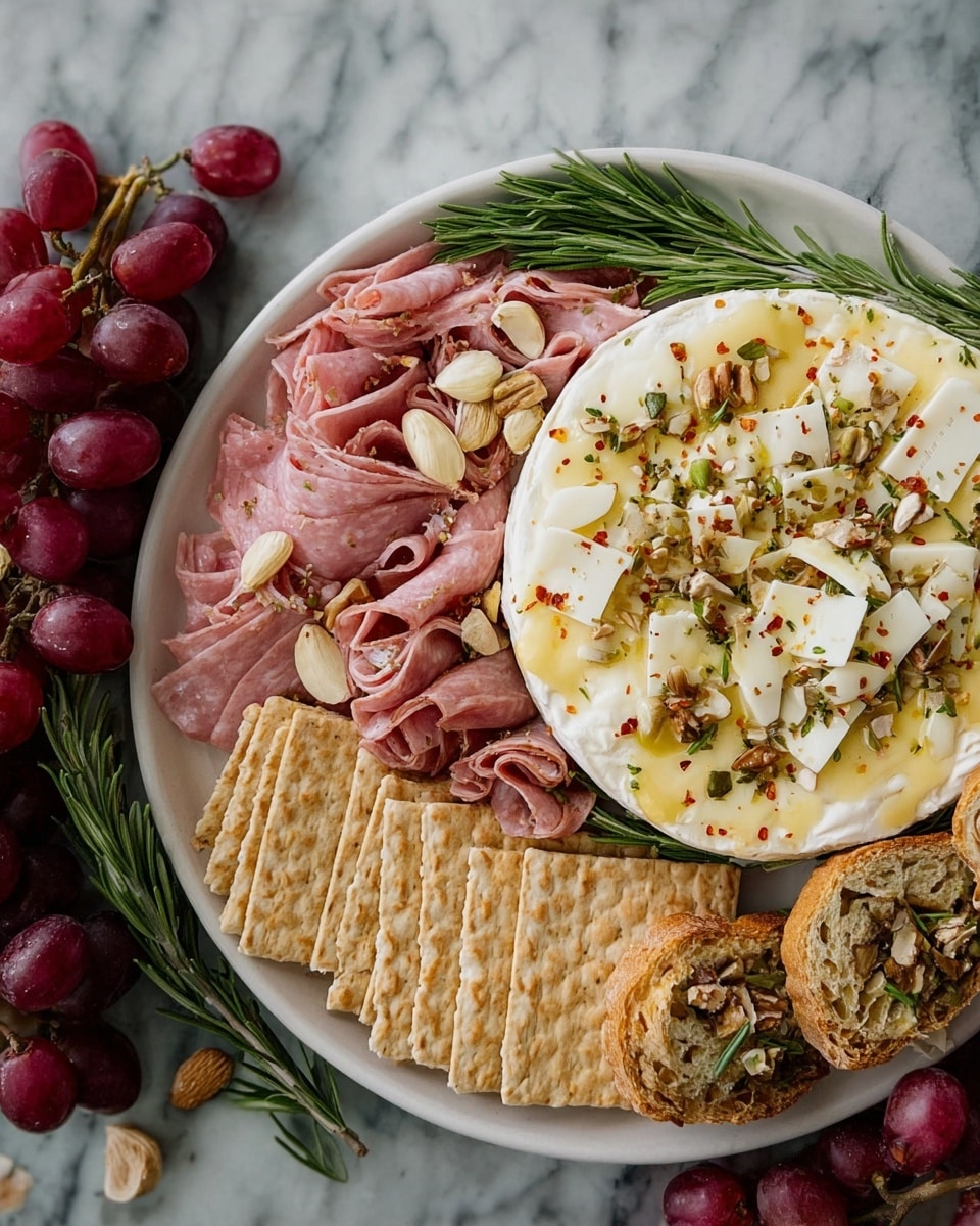 A white plate on a white marbled surface holds an elegant charcuterie. On the right side of the plate is a large round of soft cheese covered with melted cheese, topped with thin white cheese pieces sprinkled with crushed nuts, herbs, and chili flakes. A sprig of rosemary rests along the edge near the cheese. To the left of the cheese, folded slices of pink deli meat form a textured, layered pile with a few peeled garlic cloves nestled inside. Below the meat, a neat row of square wheat crackers lays flat, contrasting in light brown color and rough texture. Surrounding the plate are clusters of red grapes and slices of rustic white bread decorated with small sprigs of rosemary. Photo taken with an iphone --ar 4:5 --v 7