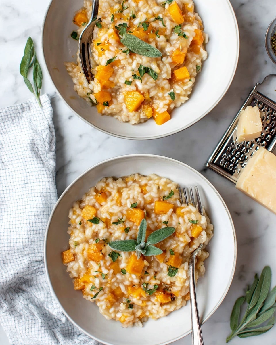 A white plate with creamy risotto that has two main layers: a base of plump, soft rice grains mixed with soft, orange-yellow cubes of cooked squash evenly spread throughout, topped with fresh sage leaves and sprinkled with finely chopped green herbs. A silver fork is placed slightly into the risotto from the top right side. The plate sits on a white marbled surface with a blue and white checkered cloth on the left edge. Photo taken with an iphone --ar 4:5 --v 7