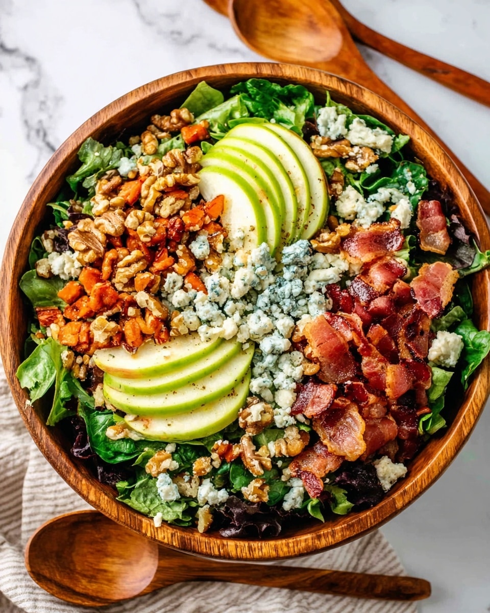 A wooden bowl filled with a fresh salad sits on a white marbled surface, with wooden spoons nearby. The salad has a base of mixed green leaves covering the entire bowl. On top, there are four even piles of green apple slices, each pile neatly fanned out. Clustered walnuts with a shiny glaze cover one part of the salad, next to a pile of small dark berries or olives. Crumbled blue cheese is scattered generously over the salad. Pieces of cooked bacon strips are arranged around the edges and in small clusters, adding a rich reddish-brown color. The overall look is colorful and fresh with distinct layers and textures. Photo taken with an iphone --ar 4:5 --v 7
