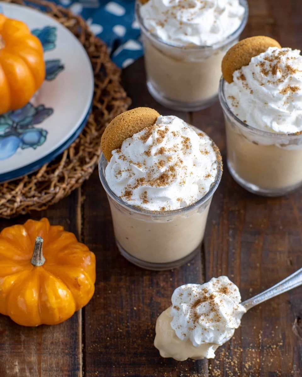 The image shows several clear glasses filled with a creamy light brown dessert topped with a thick white whipped cream layer sprinkled with brown crumbs. One glass has a small round cookie partially inside the whipped cream on top. A small cookie covered in whipped cream lies next to a white spoon in the lower right. A bright orange pumpkin with a green stem is placed near the top left on a white marbled surface. photo taken with an iphone --ar 4:5 --v 7