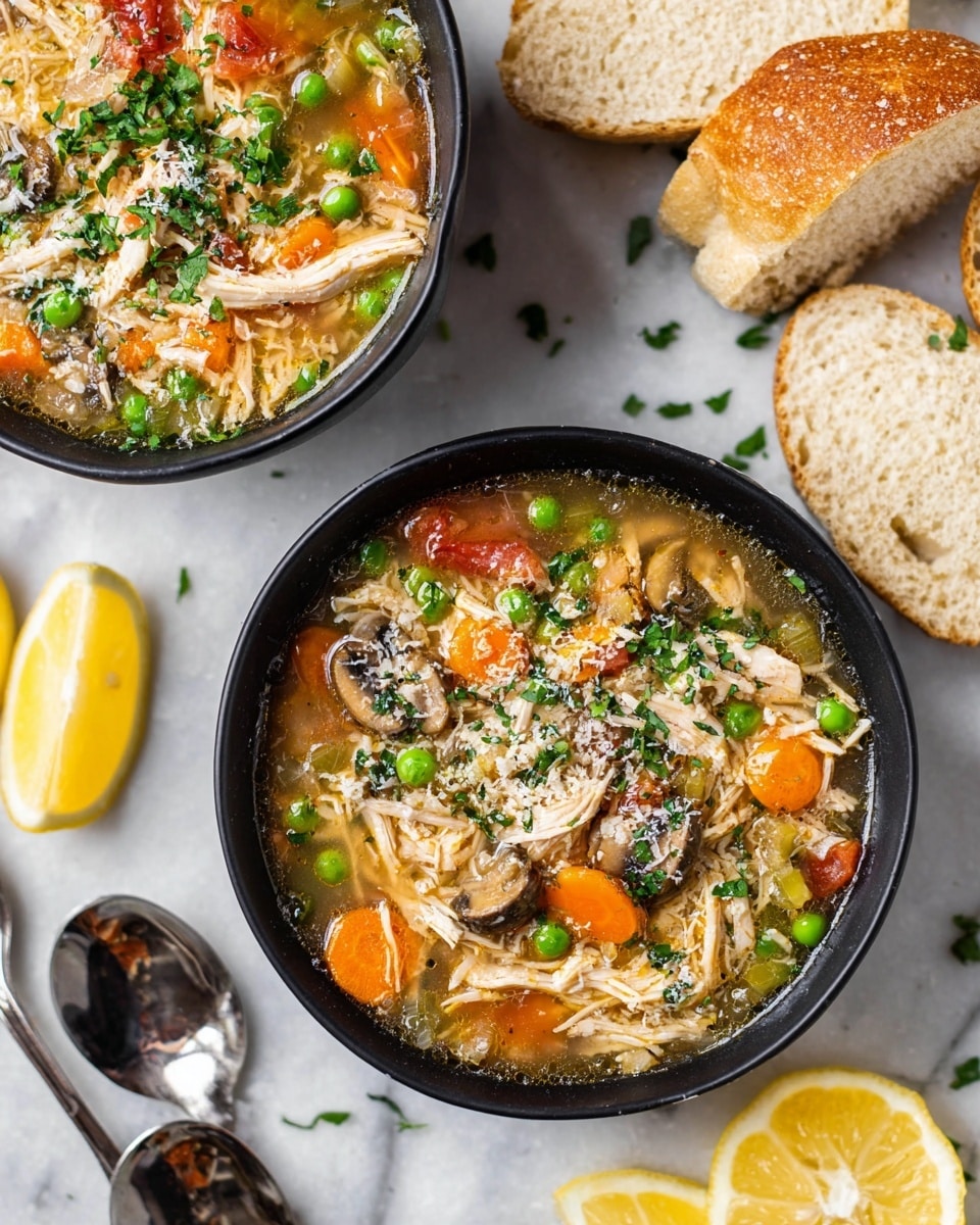 The image shows a close-up of a ladle scooping a thick chicken vegetable soup filled with shredded white chicken pieces, bright green peas, orange carrot slices, light tan potato chunks, and red tomato pieces, all floating in a golden clear broth with visible herbs, inside a stainless steel pot on a white marbled surface. The soup has a mixed texture of tender cooked vegetables and meat in the liquid, with the ladle partially submerged holding a potato piece and some chicken. Photo taken with an iphone --ar 4:5 --v 7