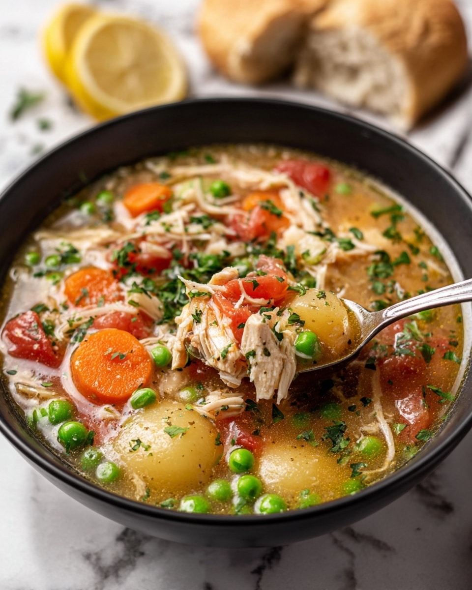 The image shows a close-up of a black bowl filled with chicken soup on a white marbled surface. The soup has several layers: a clear, golden broth with shredded white chicken pieces scattered throughout, slices of bright orange carrots, small green peas, and chunks of green beans. There are also bits of red tomato and a sprinkle of chopped fresh green parsley on top, along with a light dusting of grated cheese. Around the bowl, there are slices of light beige crusty bread and lemon wedges with yellow skin and pale inside placed nearby. Four black spoons are arranged on the right side, creating a casual and inviting scene. Photo taken with an iphone --ar 4:5 --v 7