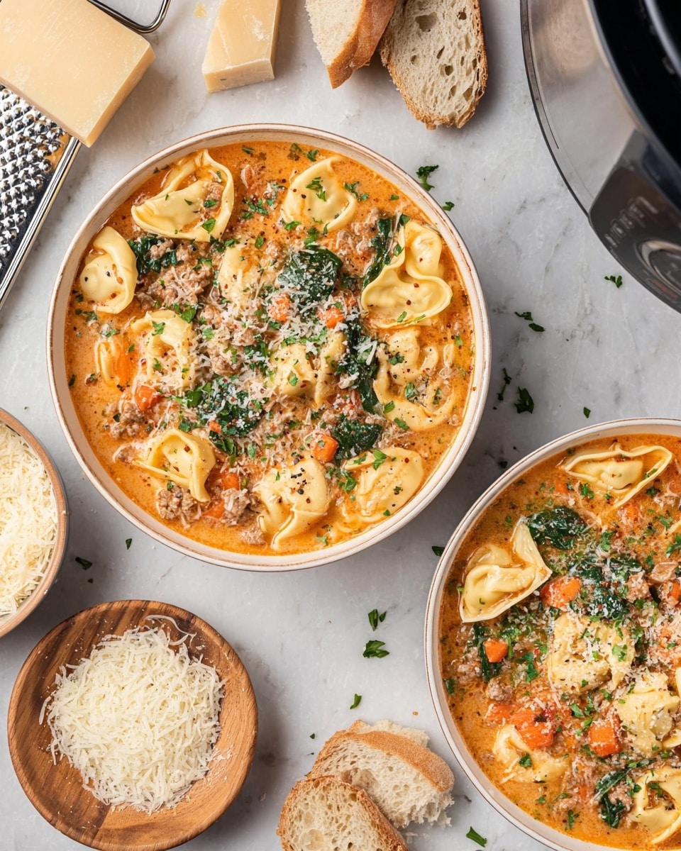 Two white bowls filled with creamy tortellini soup sit on a white marbled surface. Each bowl has three visible layers: a creamy orange broth base, a mix of tortellini pasta with a pale yellow color curled into round shapes, and a topping of orange carrot slices, dark green spinach leaves, small chunks of browned ground meat, and specks of finely chopped green herbs. A sprinkle of grated pale yellow cheese lightly covers the top of the soup. Surrounding the bowls, there are pieces of light beige crusty bread, chunks of hard pale yellow cheese, a wooden bowl filled with more grated cheese, a metal cheese grater with holes visible, and part of a pressure cooker with a digital display. The scene has bright, soft lighting. photo taken with an iphone --ar 4:5 --v 7