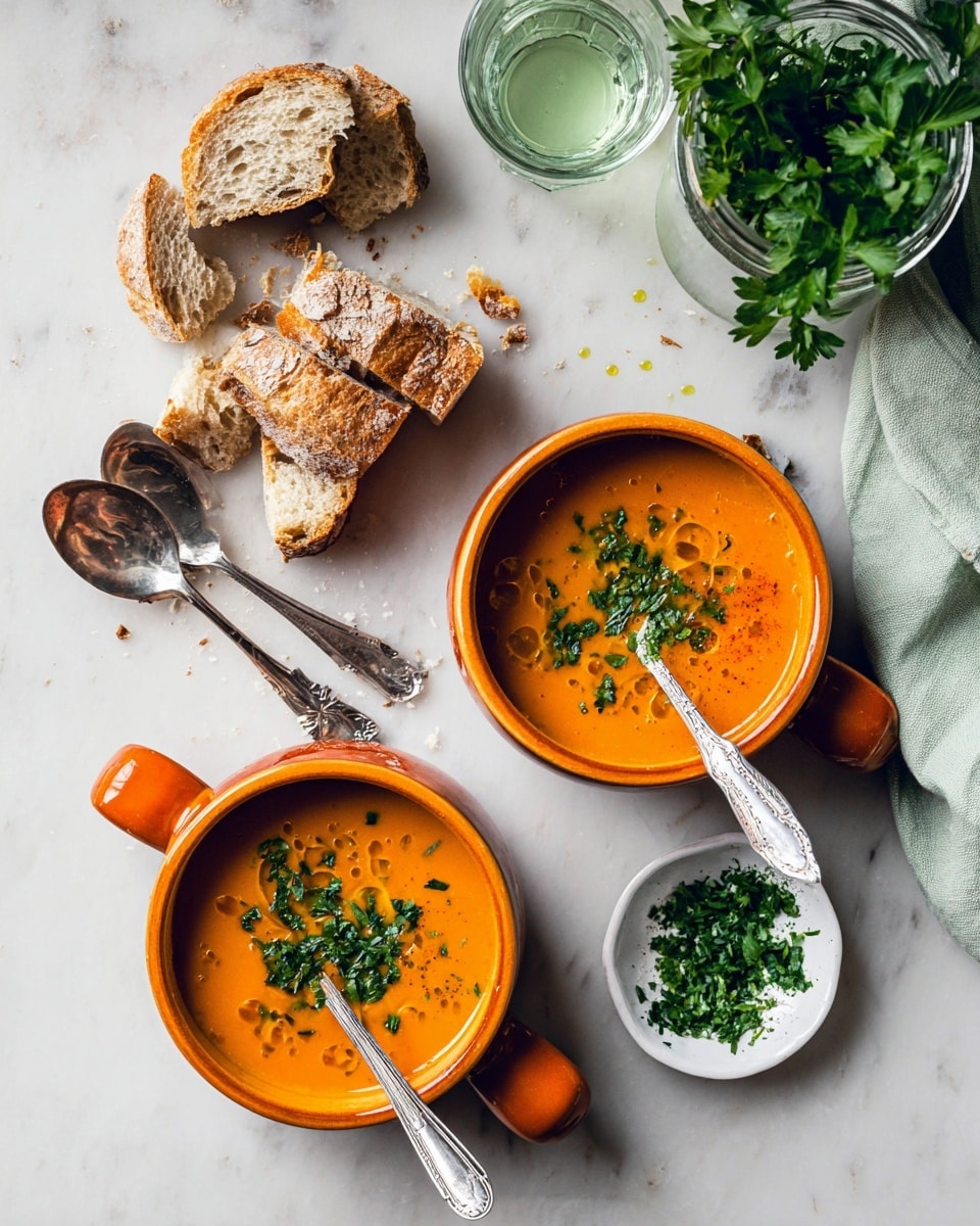 Two orange soup bowls with handles are filled with smooth orange soup, each topped with chopped green herbs and cracked black pepper. One bowl has two pieces of crusty bread resting inside and some floating on the white marbled surface. A white bowl with chopped green herbs and a small spoon sits at the top with scattered herbs around it. A glass with a light green drink is on the left next to a folded cloth, and a glass of water is on the right. Two metal spoons are placed below the bowls. The whole scene is on a white marbled surface with natural light. photo taken with an iphone --ar 4:5 --v 7