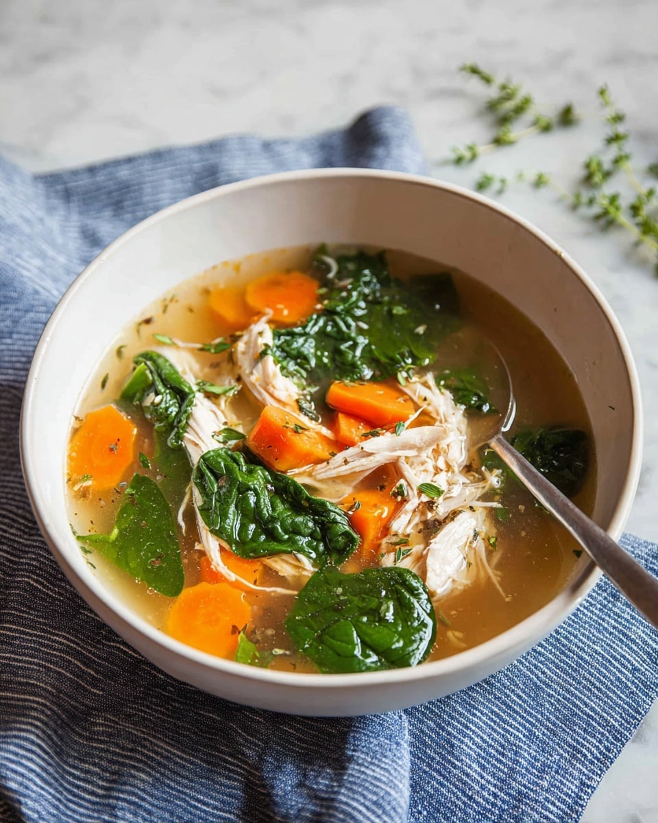 A white bowl filled with clear broth soup containing chunks of orange carrots scattered throughout, shredded white chicken pieces layered evenly, and bright green spinach leaves on top. Small herb sprigs are sprinkled across the dish, with a light dusting of black pepper adding texture. A silver spoon rests inside the bowl on the right side. The bowl sits on a blue striped cloth, placed on a white marbled surface. In the top left corner, there is a small white plate holding two lemon wedges. Photo taken with an iphone --ar 4:5 --v 7
