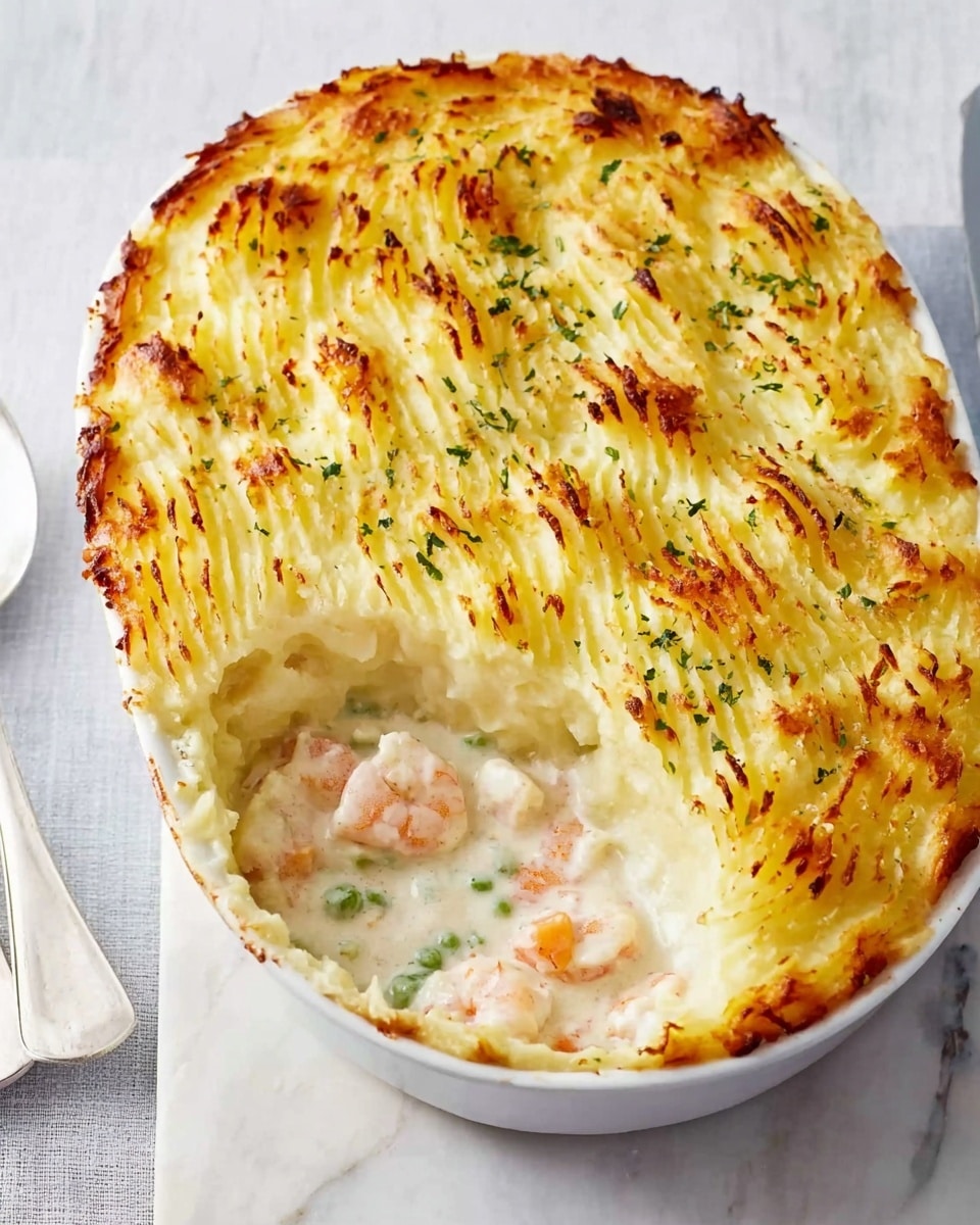 This image shows an oval white baking dish filled with a layered dish. The top layer is a golden-brown mashed potato crust, with textured ridges and crisp spots from baking. A scoop is missing from the top right corner, revealing a creamy white sauce underneath mixed with pieces of light pink shrimp and light beige chunks of fish. The dish sits on a white marbled surface with a white spoon resting nearby. photo taken with an iphone --ar 4:5 --v 7