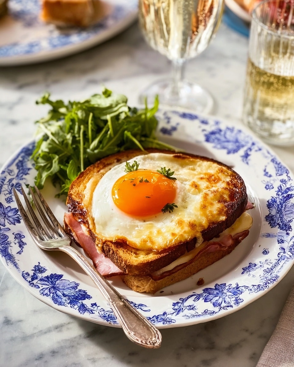 A toasted sandwich sits on a white plate with blue flower patterns, placed on a white marbled surface. The sandwich has three layers: the bottom slice of toasted bread is dark brown and crisp, topped with a layer of pink ham, then a thick layer of melted pale yellow cheese slightly browned on edges, and a sunny-side-up egg on top with a bright orange yolk and white that looks soft but firm. Next to the sandwich on the plate are some green leafy salad pieces. A silver fork rests on the plate beside the sandwich. In the background, there is a glass of light bubbly drink and a side bowl of salad with mixed greens. photo taken with an iphone --ar 4:5 --v 7