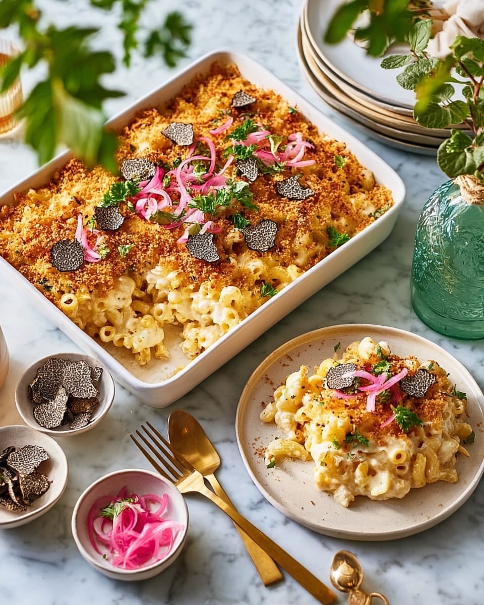 A white rectangular baking dish filled with three layers of creamy macaroni and cheese, topped with a golden brown crispy breadcrumb layer, decorated with thin slices of black truffle, bright pink pickled onion rings, and fresh green parsley leaves scattered on top. Next to it on a white round plate is a serving of the macaroni and cheese showing its creamy texture with the same toppings of black truffle slices, pink pickled onions, and parsley. Around the dishes, there are small white bowls with more black truffle slices and pickled onions, a white marbled surface underneath, green leaves in a glass bottle, and gold cutlery over a stack of white plates. Photo taken with an iphone --ar 4:5 --v 7