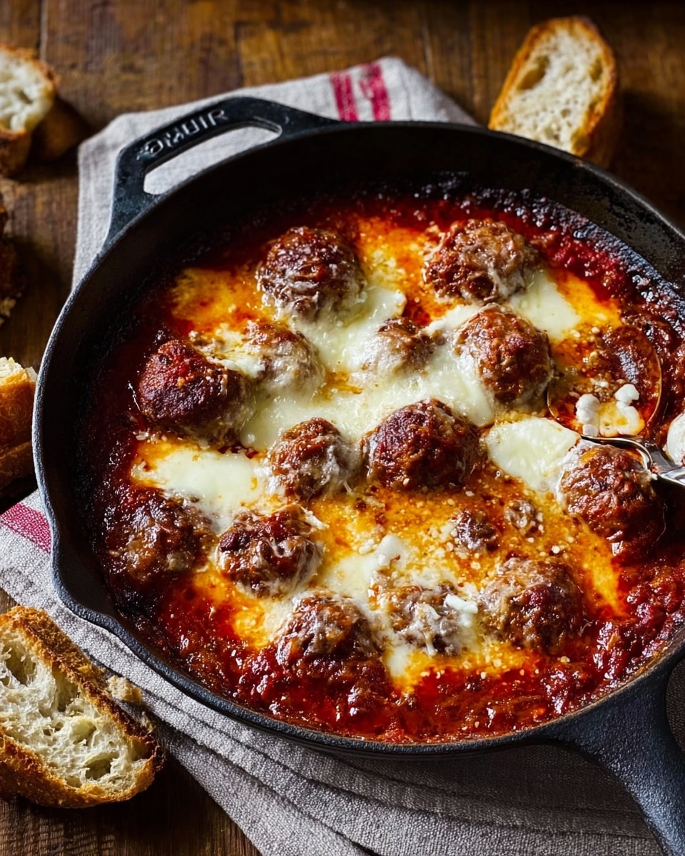 The dish is a cast iron pan filled with several round meatballs covered in a thick layer of melted, lightly browned cheese. The meatballs and cheese rest in a rich, deep red tomato sauce that fills the pan almost to the edge. The cheese is bubbly and uneven, with some browned spots showing through. The pan is placed on a wooden table with a striped cloth partially visible beneath it. Around the pan, there are pieces of torn crusty bread with a golden outer crust and soft inside. The overall colors are warm with reds, browns, and creamy whites, and the lighting highlights the texture of the cheese and sauce. Photo taken with an iphone --ar 4:5 --v 7