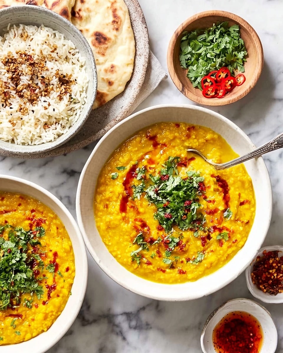 Two white bowls filled with yellow dal, showing smooth and slightly chunky texture topped with red chili oil drizzle and green chopped cilantro. The dal has been gently swirled on top. A silver spoon is resting inside the upper bowl. To the left, a white bowl contains cooked white and brown rice with a few dark spices on top. Near the rice bowl, there is a piece of flatbread partially visible, resting on a white marbled surface. A wooden small bowl has chopped green herbs and red chili strips. Another small white bowl with red chili oil is placed near the bottom right. The whole setup is on a white marbled surface with a clean and bright look. Photo taken with an iphone --ar 4:5 --v 7