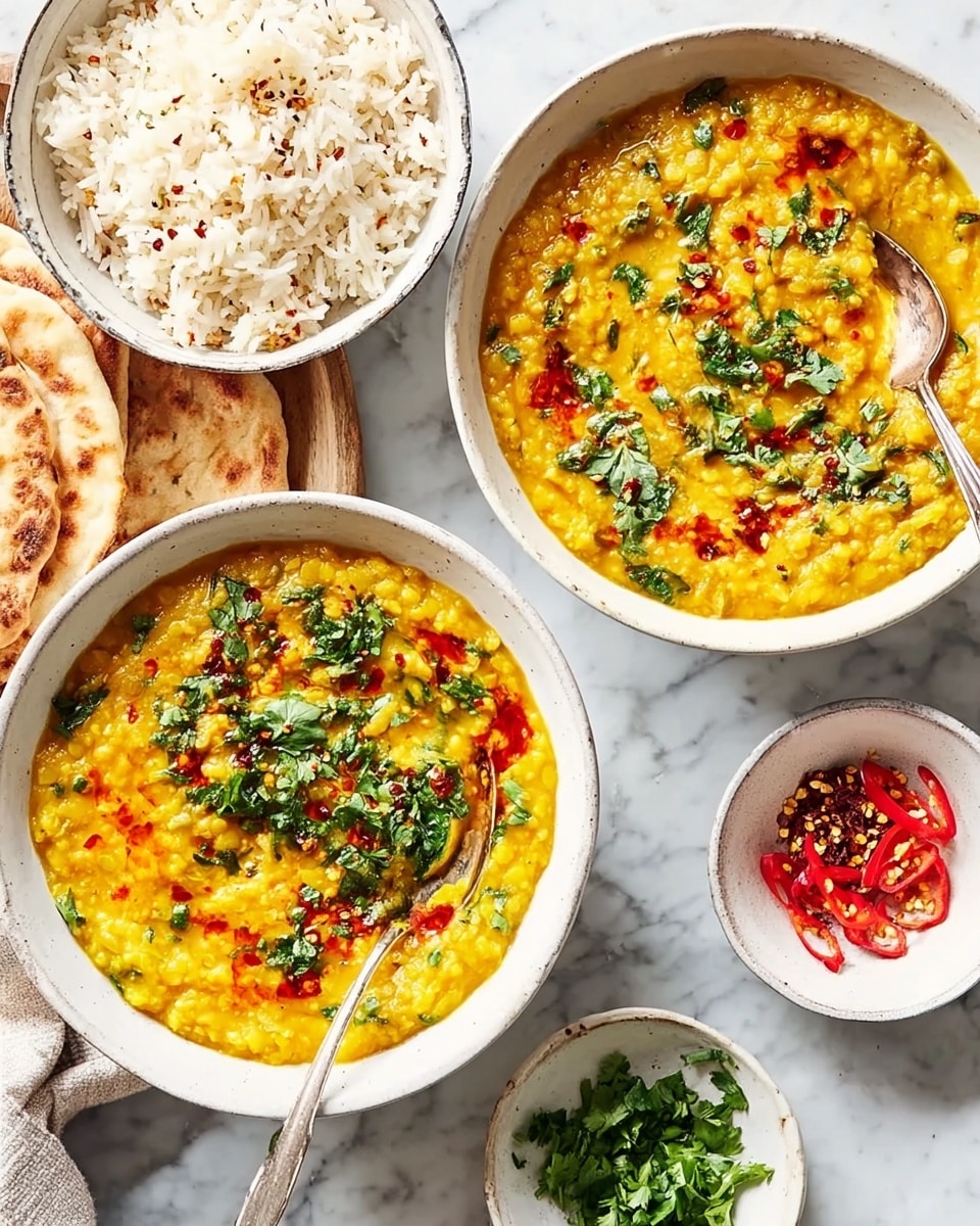 The image shows two white bowls filled with thick yellow lentil stew topped with green chopped herbs and drizzled with red chili oil, creating a vibrant contrast. One bowl has a spoon resting in it, blending into the creamy texture of the stew. To the left is a white bowl of fluffy white rice with bits of darker grains mixed in, and pieces of flatbread peeking from underneath the rice bowl. On the right side, there are two small white bowls, one containing red chili flakes and the other with green herbs and thin red chili strips. All bowls are set on a white marbled surface, adding a clean and bright look to the composition. Photo taken with an iphone --ar 4:5 --v 7