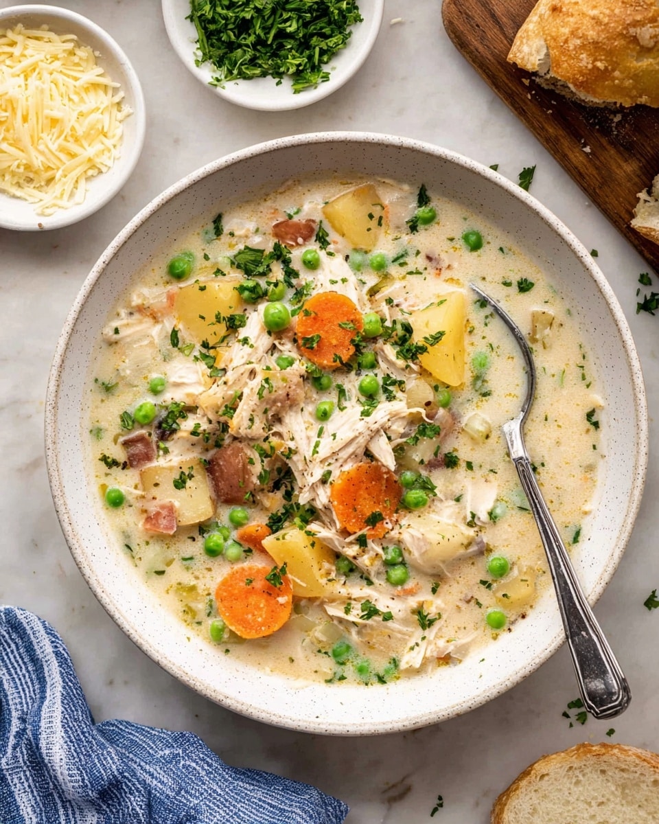 A white slow cooker bowl is filled with creamy chicken soup showing three main layers: an off-white creamy broth base with visible specks of herbs, a middle layer with bright orange carrot slices and vibrant green peas, and a top layer with shredded light beige chicken pieces and chunks of white and brown-skinned potatoes. A silver spoon dips into the soup, lifting a portion that clearly shows all layers mixed together with the creamy broth holding the colorful vegetables and chicken. The background is a white marbled texture and some green herbs are blurred in the back. Photo taken with an iphone --ar 4:5 --v 7