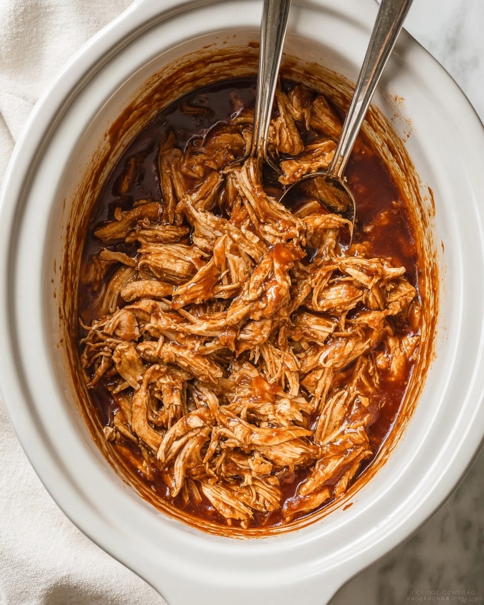 The image shows a white slow cooker filled with shredded chicken in a rich, dark brown sauce. The chicken pieces are soft and moist, mixed well with the glossy sauce, creating a textured and juicy look. Two silver forks are placed inside the cooker, with one actively shredding the chicken. The edges of the slow cooker are clean but have some sauce stains, adding a rustic feel. The cooker rests on a white marbled surface with a beige cloth nearby. Photo taken with an iphone --ar 4:5 --v 7