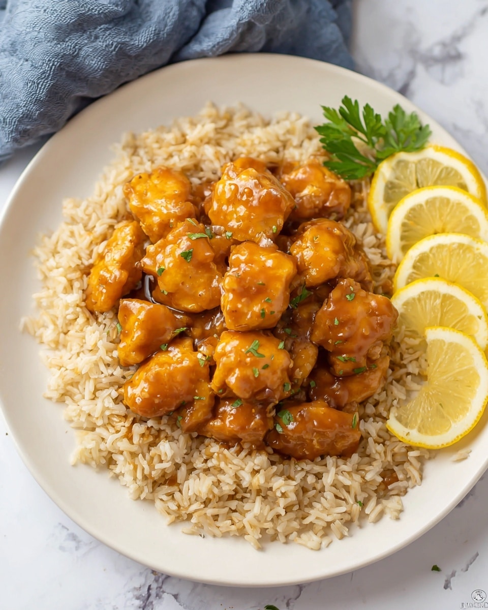 The dish shows a white plate filled with a base layer of light brown cooked rice, with well-separated grains forming a circular bed. On top, there is a thick layer of glossy golden-brown chunks of chicken coated in a shiny sauce, creating a rich, smooth texture with some small flecks of lemon zest scattered over. To the side near the top right edge of the plate, three thin lemon slices rest against the rice and a small green parsley sprig adds a fresh touch. The plate sits on a surface with a white marbled texture and there is a blue fabric napkin slightly visible in the upper left corner. Photo taken with an iphone --ar 4:5 --v 7