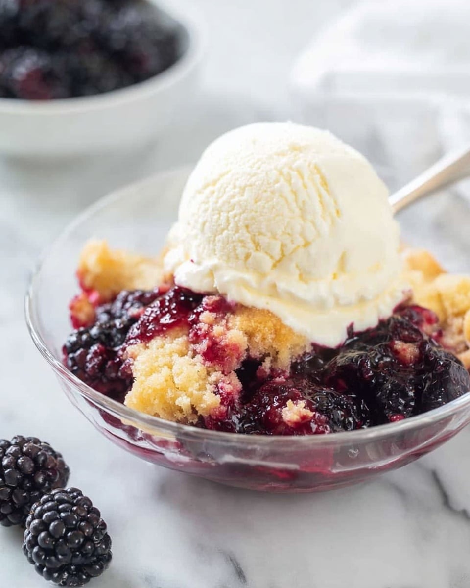 The image shows a clear glass bowl filled with three main layers: the bottom layer is a golden, crumbly cake mixed with dark purple blackberries, the middle layer is a glossy pile of whole blackberries, and on top sits a large, smooth scoop of white vanilla ice cream with soft texture. Around the bowl, a few whole blackberries are placed on a white marbled surface, and the background is softly blurred focusing on the dessert in the bowl. photo taken with an iphone --ar 4:5 --v 7