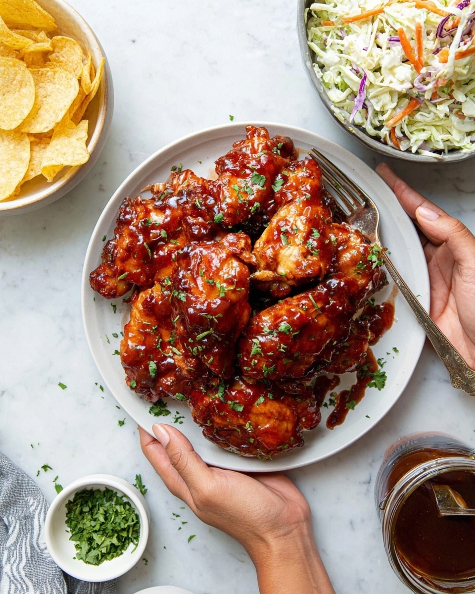 A white plate filled with several layers of shiny, reddish-brown glazed chicken thighs, each piece coated with a smooth sauce and sprinkled with small green parsley leaves. The chicken pieces show browned edges and a juicy texture under the sauce. Below and to the left, a woman's hand holds the plate, and a knife with a black handle rests on the plate’s edge. The background features a white marbled surface with a bowl of creamy coleslaw showing a mix of light green, orange, and purple shredded vegetables at the top right, and a white bowl of potato chips at the bottom left. Near the plate on the right, there is a clear glass jar filled with more sauce and a spoon inside. photo taken with an iphone --ar 4:5 --v 7
