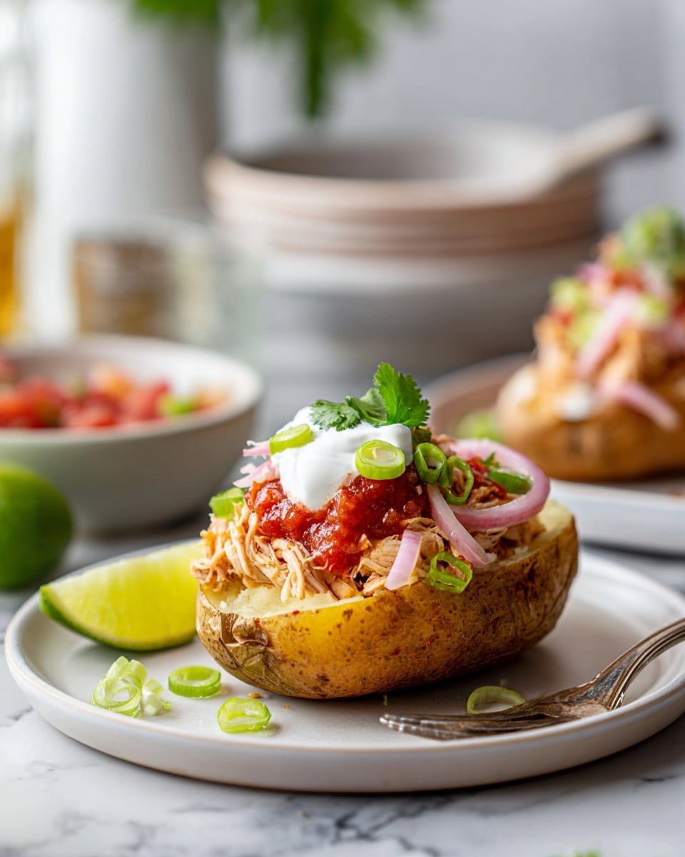 A baked potato halved and placed open side up on a white plate, showing three layers: the base is the fluffy cream-colored inside of the potato, topped with shredded light brown chicken mixed with red salsa, then garnished with bright pink pickled onions, a dollop of white sour cream, light green sliced scallions, and a fresh green cilantro leaf on top; a silver fork rests beside the potato on the plate, all set on a white marbled surface with blurred background elements including a white bowl of extra chicken, a brown bowl with more salsa, and a glass of red drink. Photo taken with an iphone --ar 4:5 --v 7