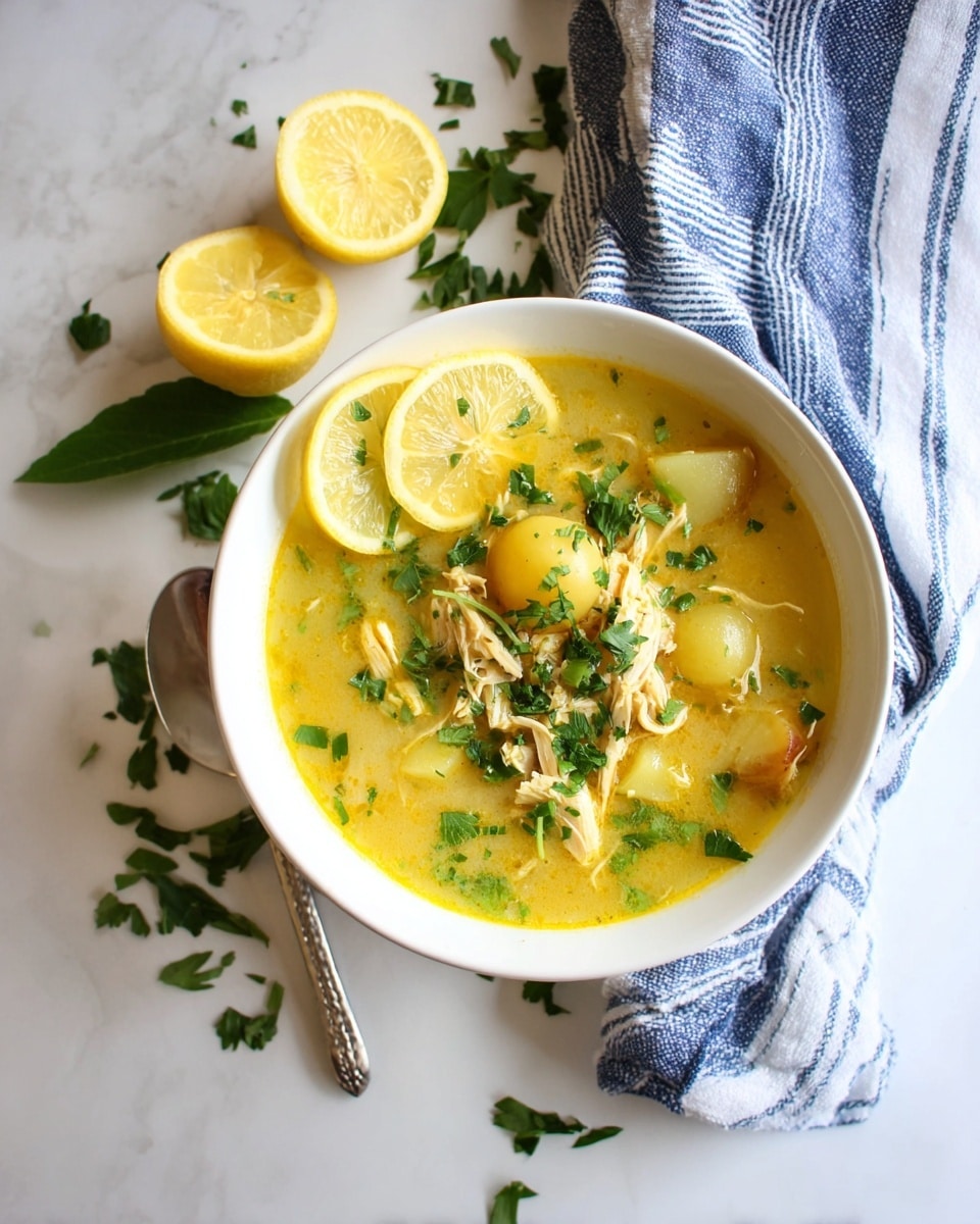 A white bowl filled with three main layers: the bottom is a smooth, light yellow soup, the middle has small whole baby potatoes with a light brown skin, and the top layer is shredded pale yellow chicken mixed with chopped green herbs scattered across. On the side of the bowl, there are three thin slices of lemon with a few green parsley leaves resting on them. The bowl sits on a white marbled surface with scattered parsley leaves around, a silver spoon with a hammered handle placed nearby, and a blue and white striped cloth partially visible in the top right corner. photo taken with an iphone --ar 4:5 --v 7