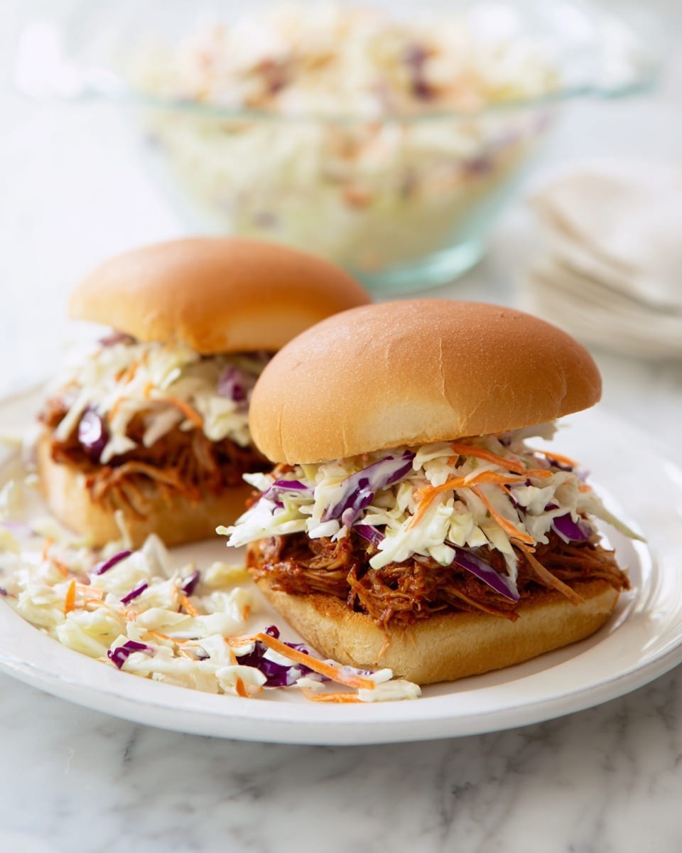 The image shows two small sandwiches on a white plate with potato chips in the background. Each sandwich has three clear layers: a soft, light brown bun on top and bottom, a middle layer of shredded reddish-brown pulled meat, and a layer of coleslaw made of white, purple, and orange shredded vegetables on top of the meat. Some coleslaw pieces are scattered around the plate, and there is a blurred glass bowl with extra coleslaw behind the sandwiches. The whole scene is set on a white marbled textured surface. photo taken with an iphone --ar 4:5 --v 7