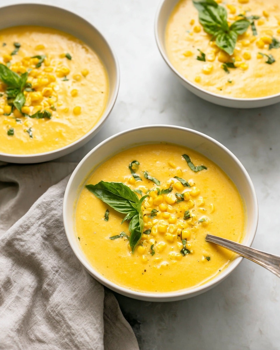 Three bowls of creamy yellow corn soup sit on a white marbled surface. Each bowl is white and filled with smooth, thick soup that has a bright yellow color. On top, there are small pieces of corn scattered across the surface, adding texture and a deeper yellow shade. Fresh green basil leaves and finely chopped herbs are placed on the soup, bringing a fresh green contrast. A spoon rests in the bowl closest to the front, partially covered with soup and corn kernels. A light gray cloth napkin lies next to the front bowl, adding softness to the scene. The photo taken with an iphone --ar 4:5 --v 7