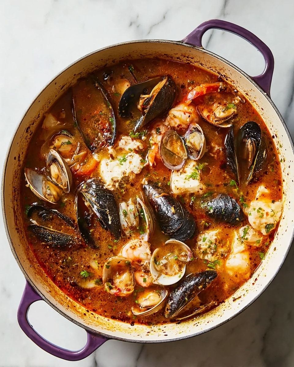A large white pot with purple handles sits on a white marbled surface, filled with a rich seafood stew. The stew has a red-orange broth filled with various layers of seafood, including black mussel shells, light brown clams, small orange shrimp, and white chunks of fish, all mixed with herbs and spices that float throughout the liquid. The surface of the stew shows a mix of solid seafood pieces and specks of seasoning, creating a textured and hearty appearance. Photo taken with an iphone --ar 4:5 --v 7