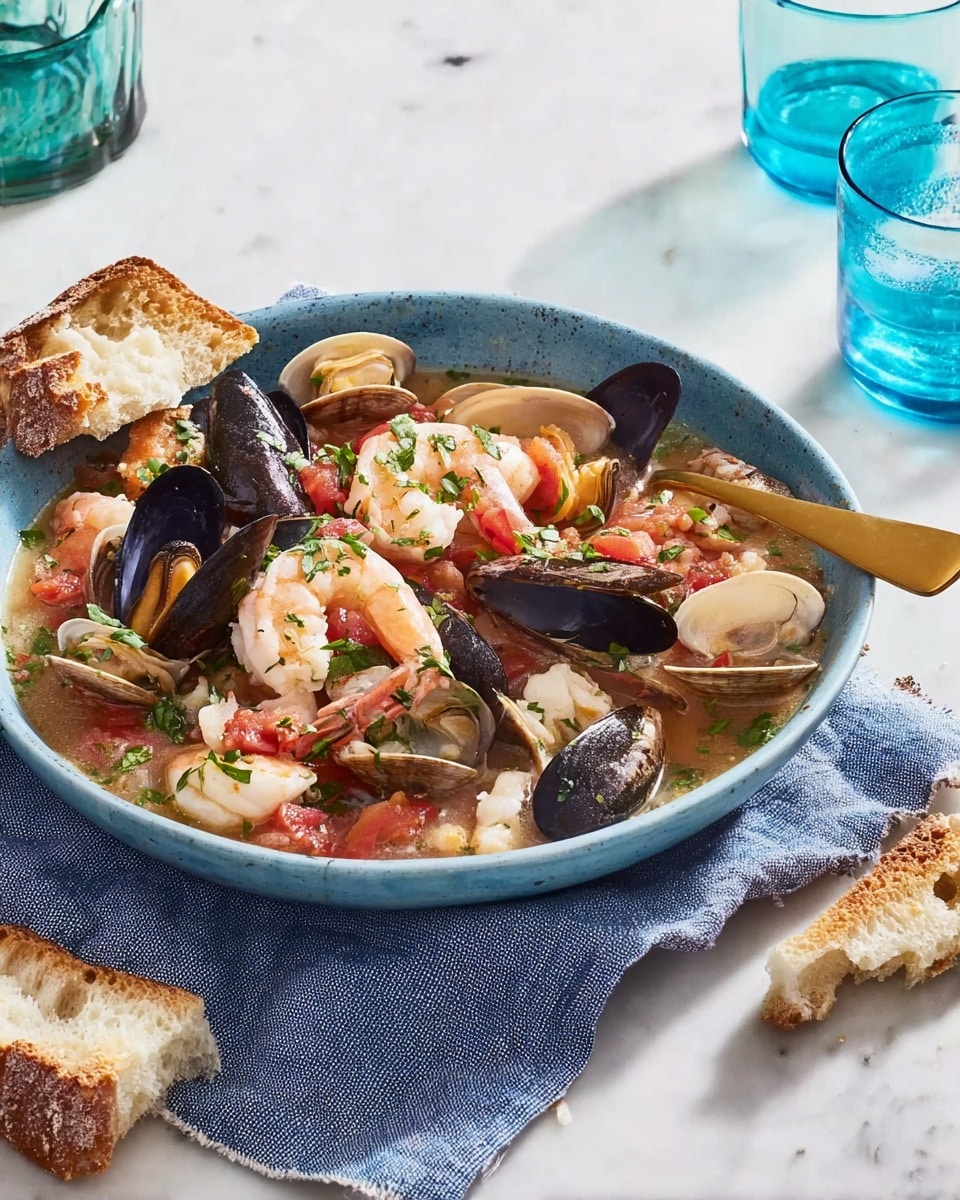 A blue bowl filled with a seafood stew sits on a folded blue cloth over a white marbled surface. The stew has several layers: the bottom is a light broth with visible bits of tomato and herbs. On top, there are many pieces of seafood, including pink shrimp, black mussels, and beige clams with open shells. There are chunks of white fish and red tomato pieces scattered throughout. The seafood is garnished with chopped green herbs sprinkled over the stew. A golden spoon holds some of the seafood, resting inside the bowl. Pieces of torn bread are placed around the bowl on the white marbled surface. In the background, there are glass cups, some blue and some clear. photo taken with an iphone --ar 4:5 --v 7