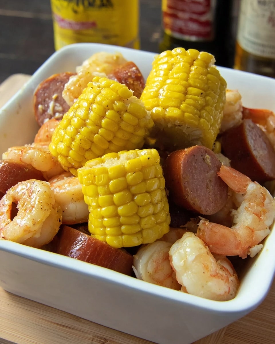 The dish is served in a white square bowl filled with several layers of food. The bottom layer consists of small cooked shrimp with a light orange and white color and a slightly shiny texture. Scattered among the shrimp are slices of reddish-brown sausages with a smooth surface. On top of these, there are large pieces of bright yellow corn on the cob, cut into short sections showing the round kernels. The food sits on a light wooden surface, and in the background, there are bottles and containers partially visible but out of focus. photo taken with an iphone --ar 4:5 --v 7