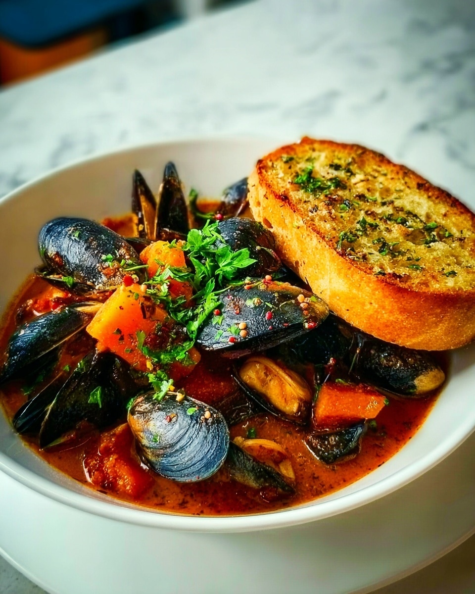 The image shows a white bowl filled with a stew of dark mussels and orange pumpkin chunks, all soaked in a rich reddish broth. On the side inside the bowl is a round, golden brown piece of bread with bits of herbs and spices visible on the surface. Bright green chopped herbs are sprinkled on top, adding a fresh touch to the dish. The bowl sits on a white marbled surface. Photo taken with an iphone --ar 4:5 --v 7