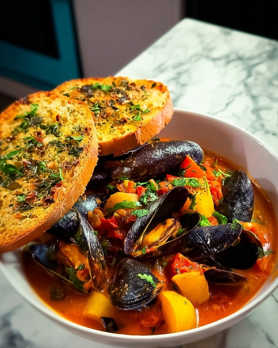 The image shows a white bowl filled with a colorful seafood stew. The bottom layer is a rich orange-red broth with visible chunks of yellow potatoes and orange carrots. On top of the broth, there are many dark mussel shells scattered throughout, some partially open. The stew is garnished with small green herb pieces sprinkled over the mussels and vegetables. On the side inside the bowl, leaning slightly against the stew, is a round slice of toasted bread topped with herbs and bits of red pepper, giving a browned and textured look. The bowl sits on a white marbled surface, with a slightly blurred background. photo taken with an iphone --ar 4:5 --v 7