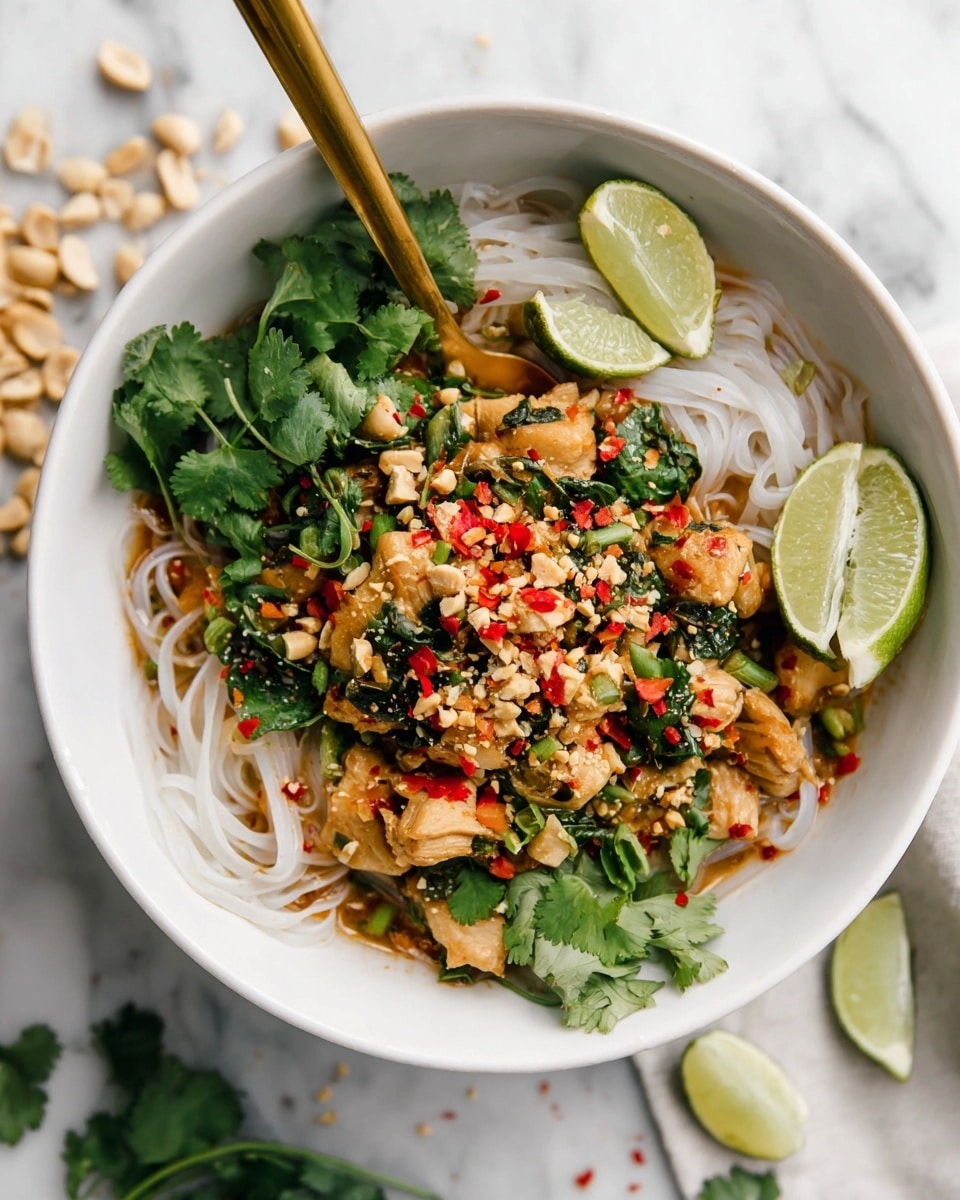 A white bowl holds three main layers: at the bottom, thin white rice noodles are loosely piled, forming a soft textured base; the middle layer is made up of light browned chicken pieces mixed with chopped red bell peppers and dark green leafy vegetables, giving a colorful and fresh look; the top layer is sprinkled generously with chopped green onions, peanuts, fresh cilantro leaves, and small red chili flakes, adding texture and brightness; on the side inside the bowl, there are three lime wedges with a vibrant green color; a golden spoon rests inside the bowl, partly buried in the food, and the bowl sits on a white marbled surface with some green cilantro sprigs, lime pieces, and scattered crushed peanuts around. photo taken with an iphone --ar 4:5 --v 7