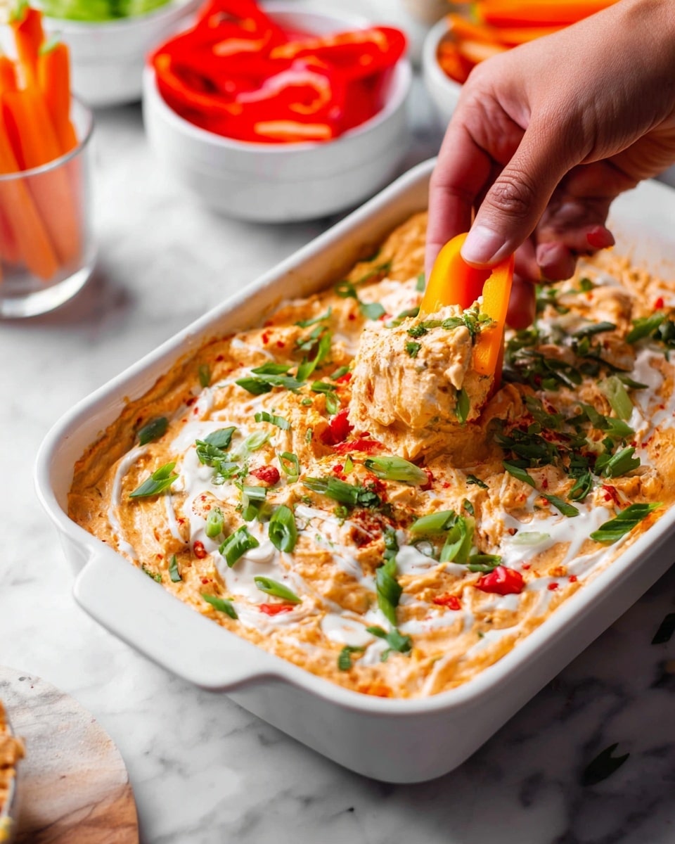 The image shows a white rectangular baking dish filled with a creamy dip that has a light orange color with visible red pepper pieces mixed in. The top of the dip is decorated with swirls of white sauce and scattered green chopped scallions. A woman's hand is dipping a yellow vegetable strip into the dip, lifting a chunky portion. Around the dish, there are small white bowls with cut red bell pepper strips and a glass with orange carrot sticks, all placed on a white marbled surface. photo taken with an iphone --ar 4:5 --v 7