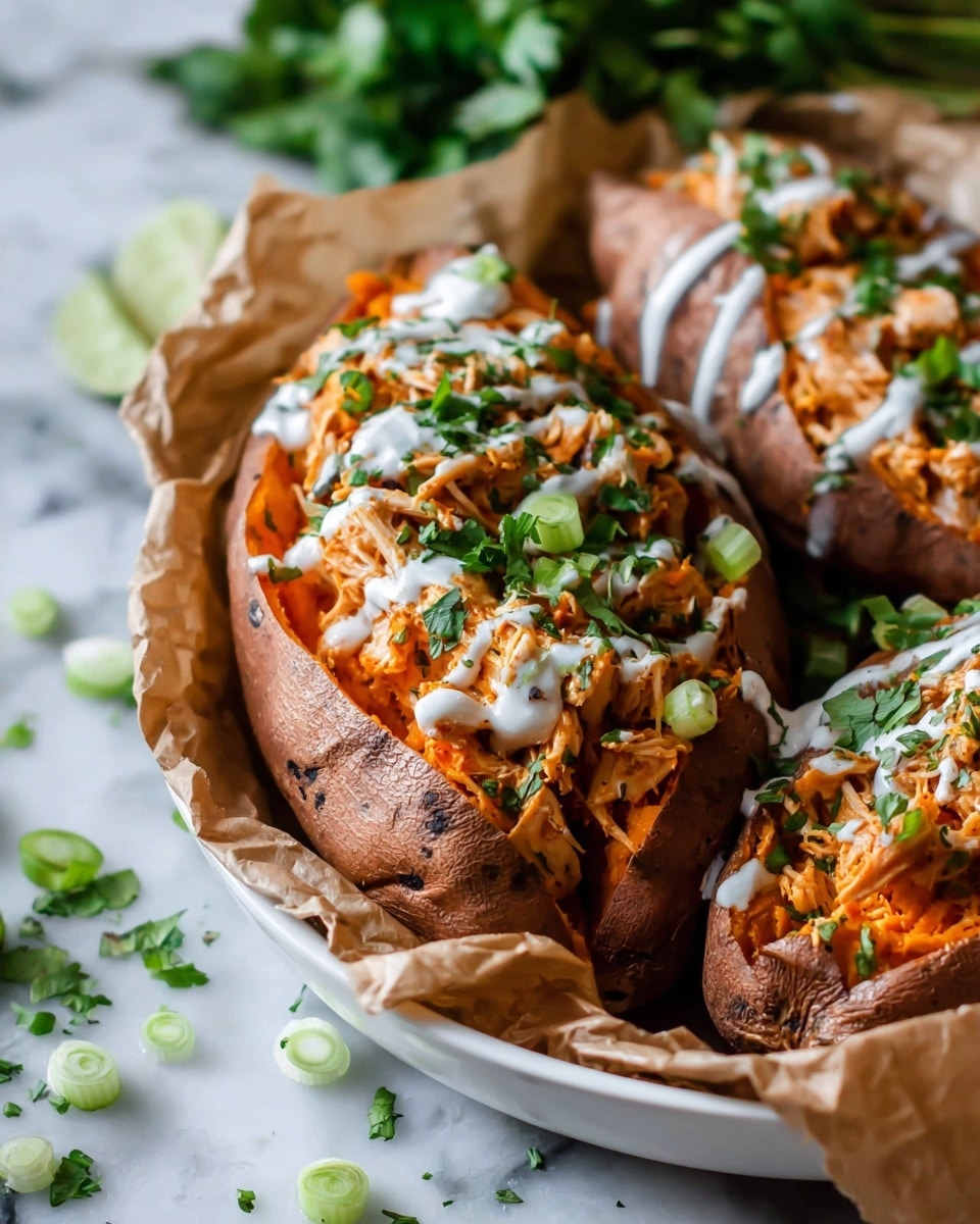 The image shows a close-up of a baked sweet potato sliced open, filled with shredded orange chicken mixed with a light creamy white sauce drizzled on top. The sweet potato skin is deep orange and slightly crispy, holding the soft inner flesh and chicken filling. Small green chopped scallions and fresh cilantro leaves are scattered over the filling for color contrast. The potato rests on crinkled brown parchment paper inside a silver pan, all set against a white marbled background. Photo taken with an iphone --ar 4:5 --v 7