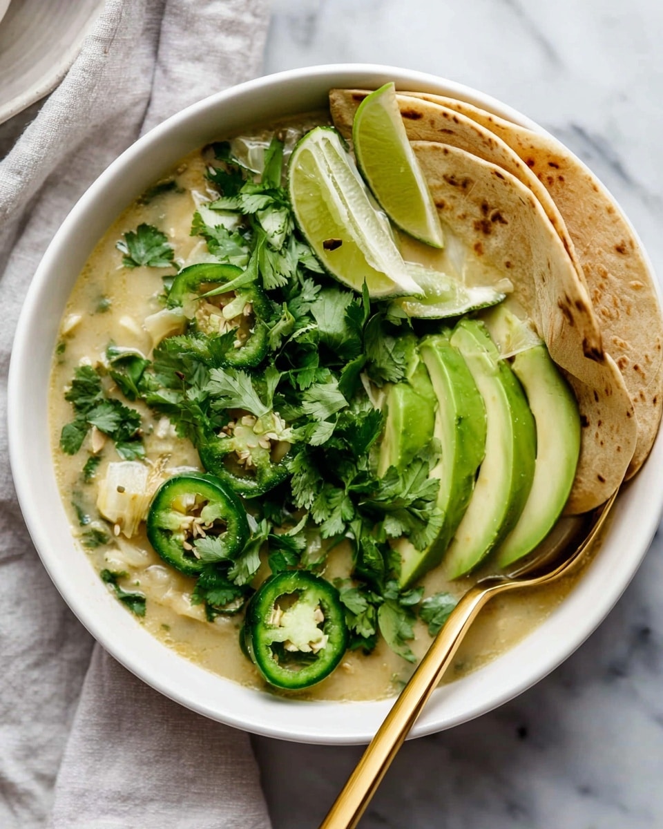 A white bowl filled with a thick light green soup showing visible chunks of meat and onion, topped with three folded white tortilla chips placed on the left side, thin slices of green jalapeño pepper, bright green fresh cilantro leaves scattered on top, avocado slices fanned out on the right side, and a wedge of lime resting near the center. A gold spoon is partially submerged in the soup near the bottom left edge of the bowl. The bowl sits on a white marbled surface. Photo taken with an iphone --ar 4:5 --v 7