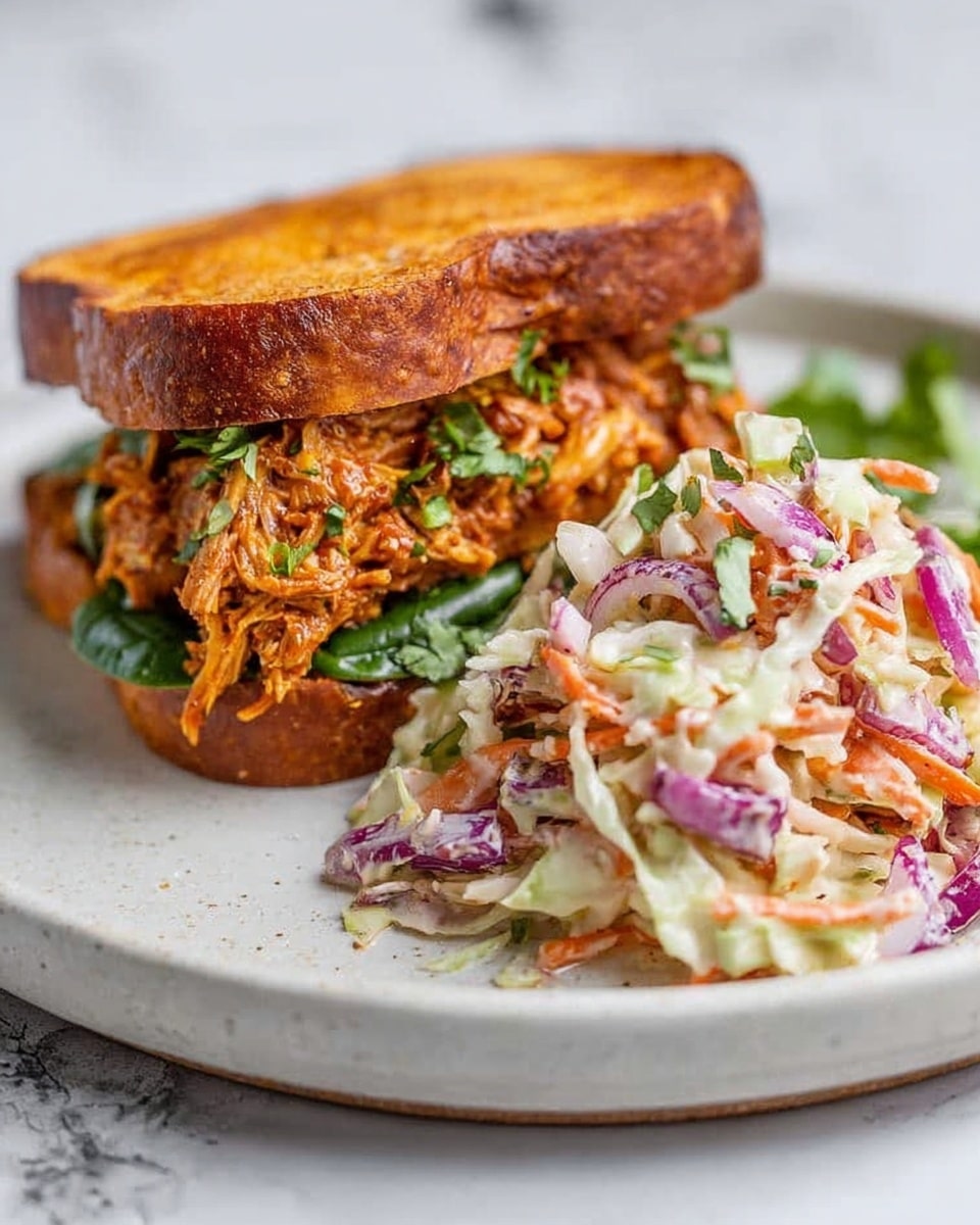 The image shows a sandwich placed on a white plate with two main layers of filling and a top and bottom bun made from sweet potato slices. The bottom slice is bright orange with a smooth texture. On top of this, there is a layer of green leafy vegetables, followed by a thick layer of shredded meat mixed with chopped red onions and green herbs, giving a mix of orange, purple, and green colors with a fibrous texture. The top slice of sweet potato bun is positioned slightly tilted, showing its smooth orange surface with a few small black spots. Next to the sandwich, there is a colorful coleslaw salad with thin strips of white cabbage, orange carrot, purple cabbage, and green herbs scattered together. The scene is set on a white marbled surface with part of a striped cloth visible in the background. photo taken with an iphone --ar 4:5 --v 7