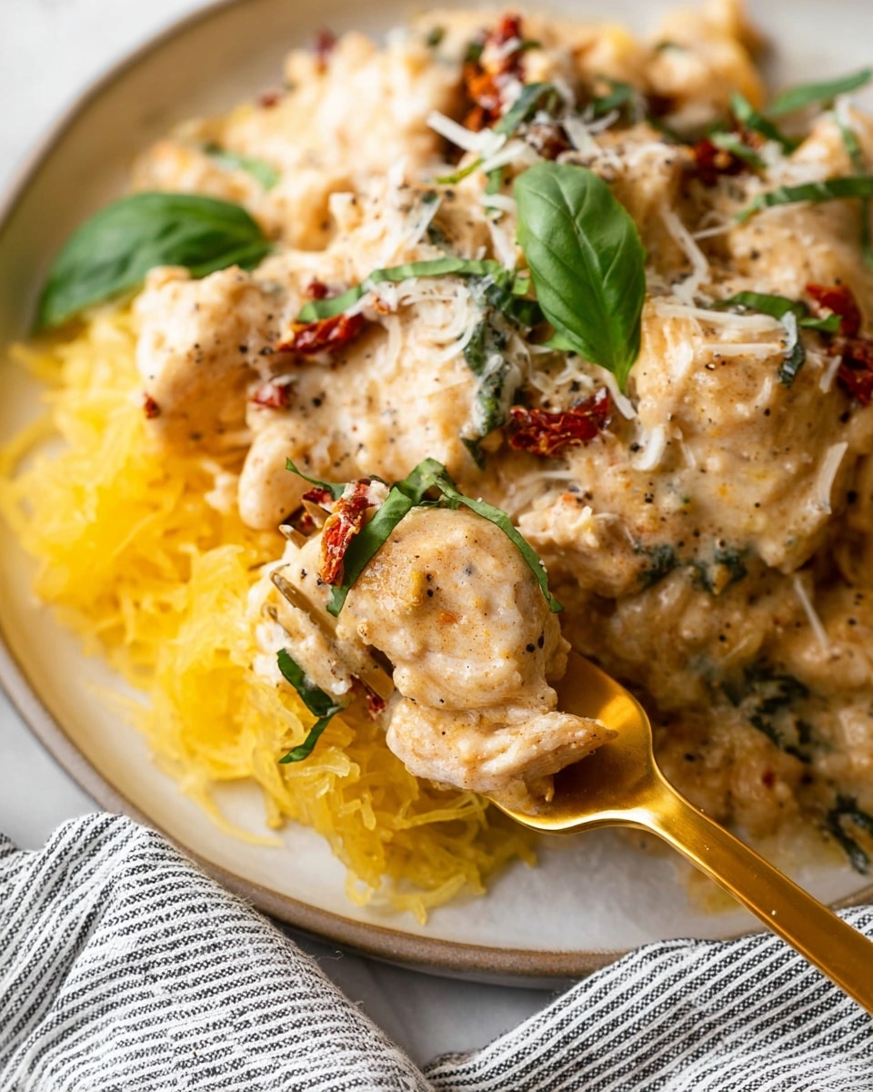 The image shows a white plate with creamy chicken on the right side. The chicken is covered in a light beige sauce with small bits of red sun-dried tomatoes and white grated cheese sprinkled on top. Around the chicken, there are some fresh green basil leaves for garnish. On the left side of the plate, there is a nest of yellow spaghetti squash strands. In the foreground, a gold fork holds a piece of chicken topped with sauce and cheese. The plate sits on a white marbled surface, and a striped cloth is partially visible at the bottom. Photo taken with an iphone --ar 4:5 --v 7
