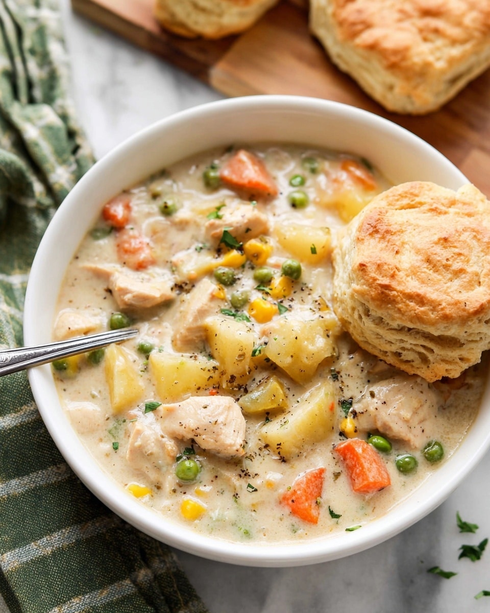 The image shows a white bowl filled with creamy chicken and vegetable stew that has a thick texture. The stew has chunks of light tan chicken, orange carrots, yellow corn, green peas, and light cream-colored potatoes, all mixed in a beige creamy sauce sprinkled with black pepper and small green herbs. On the right edge of the bowl, there is a large, fluffy biscuit with a golden brown top and a soft, crumbly inside partially resting in the stew. A silver spoon stands in the stew on the left side, with a green and white checkered cloth nearby all set on a white marbled surface. In the background, there is a blurred white bowl with green herbs and a wooden board holding more biscuits. Photo taken with an iphone --ar 4:5 --v 7